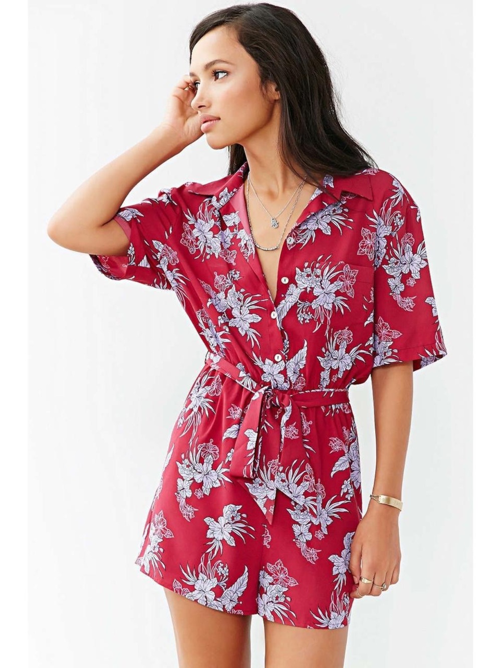 Kimchi Blue Red Floral Tie-Waist Romper